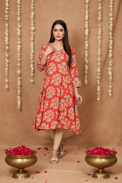 W for Woman Red Floral Embroidered Flared Rayon Kurta