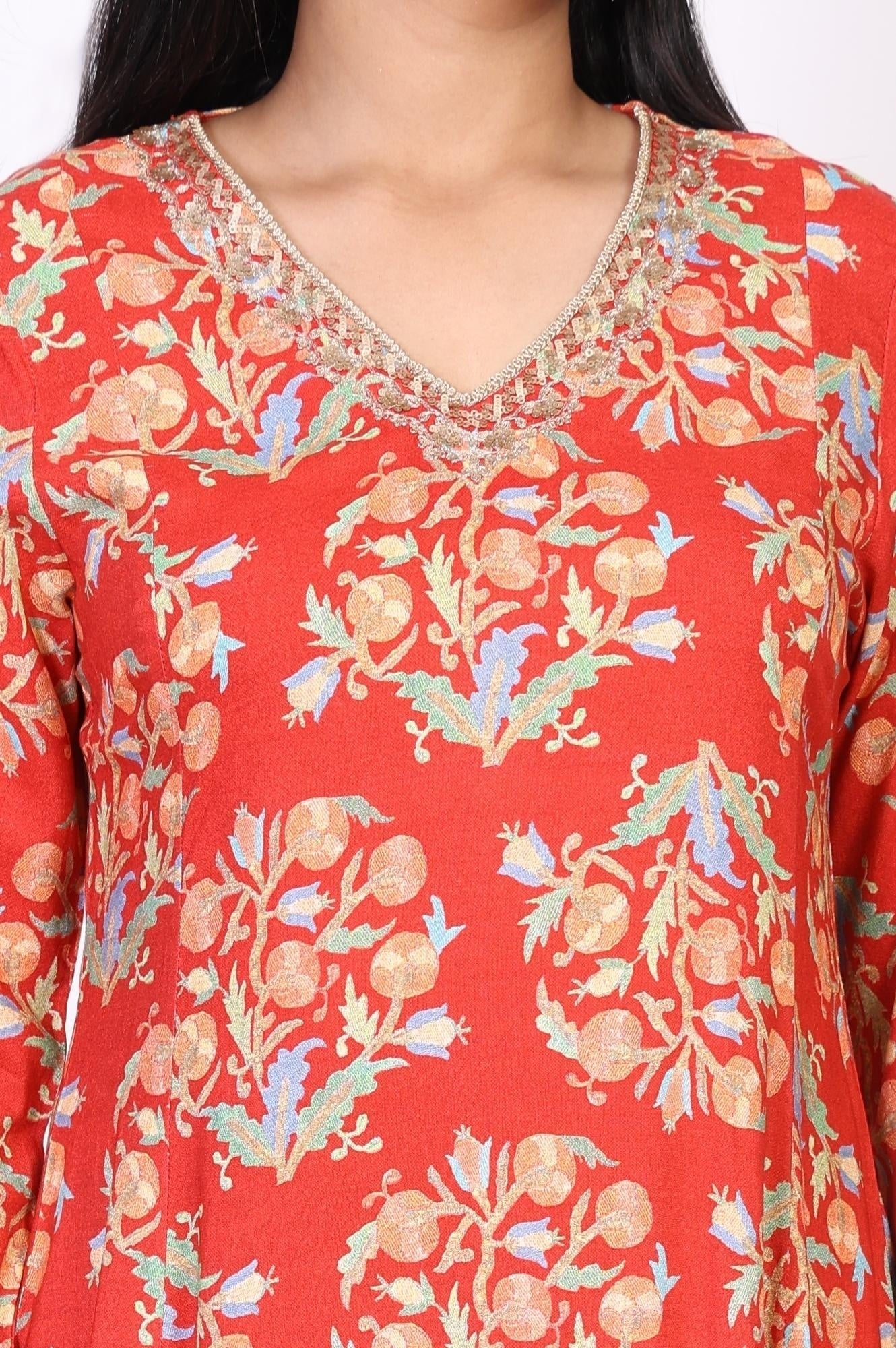 W for Woman Red Floral Embroidered Flared Rayon Kurta