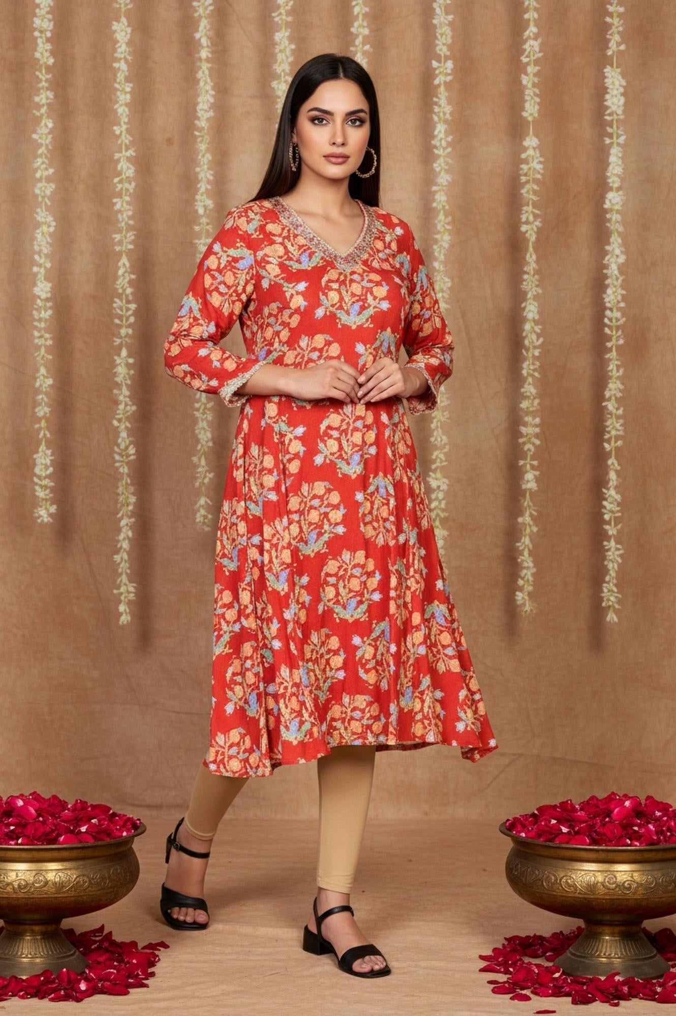 W for Woman Red Floral Embroidered Flared Rayon Kurta