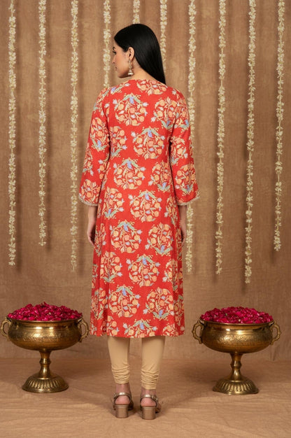 W for Woman Red Floral Embroidered Flared Rayon Kurta