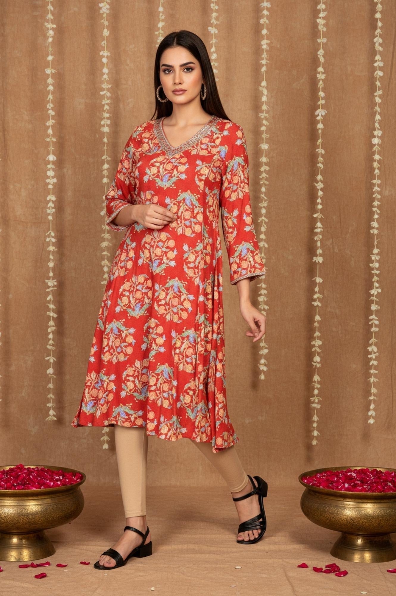 W for Woman Red Floral Embroidered Flared Rayon Kurta