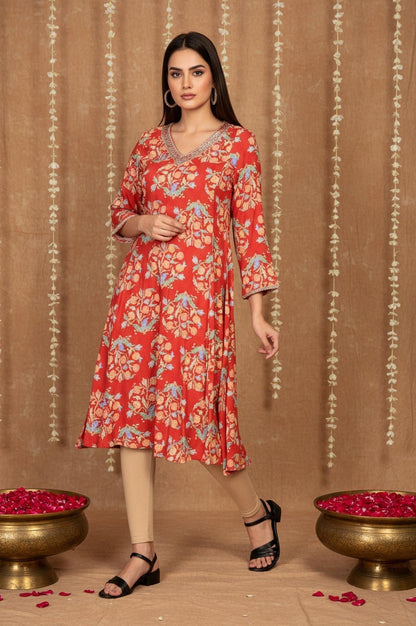 W for Woman Red Floral Embroidered Flared Rayon Kurta