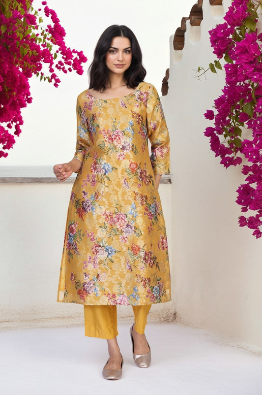 W for Woman Yellow Floral Print Tape Straight Jacquard Kurta