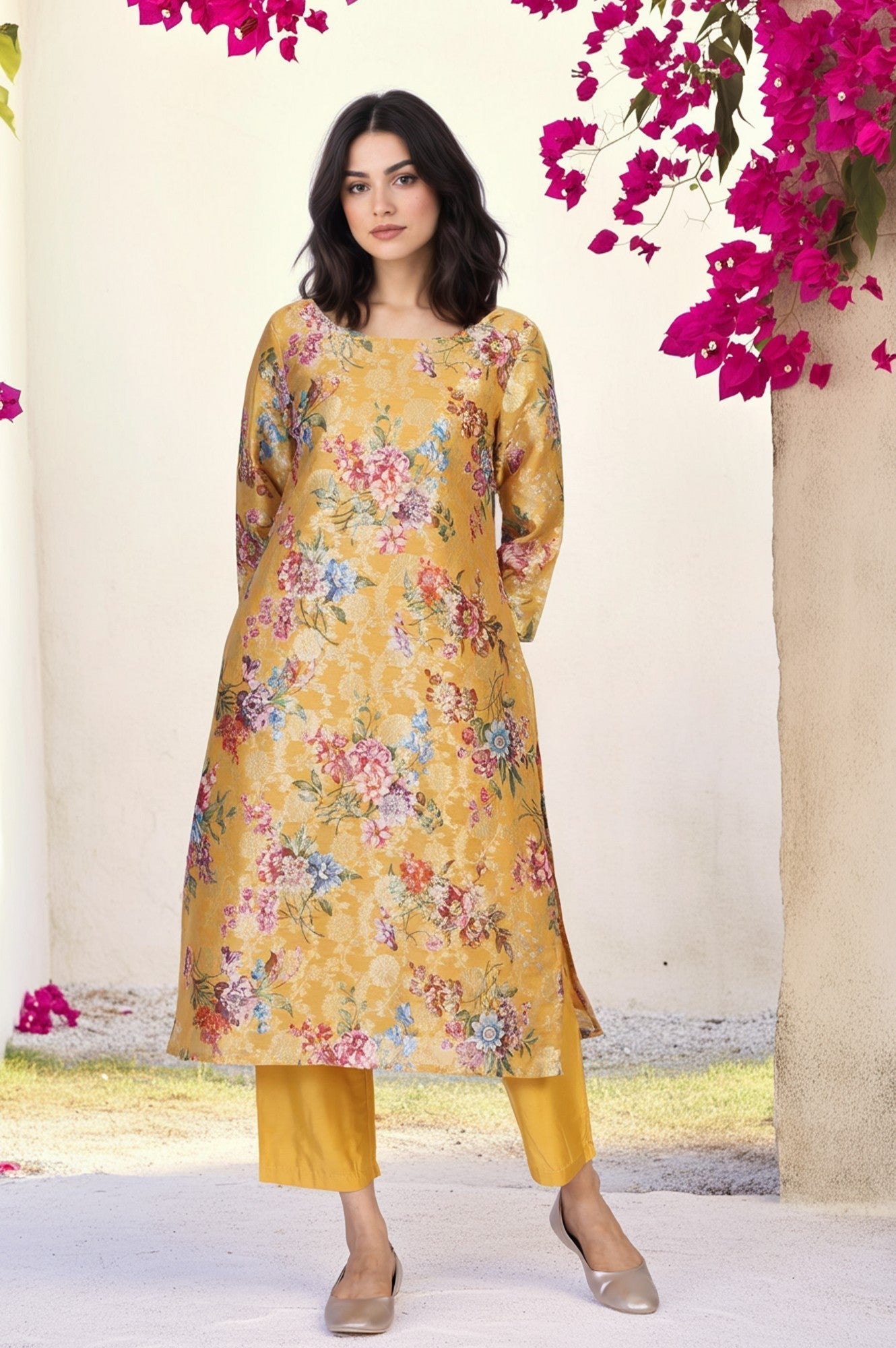 W for Woman Yellow Floral Print Tape Straight Jacquard Kurta