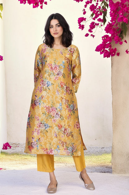 W for Woman Yellow Floral Print Tape Straight Jacquard Kurta