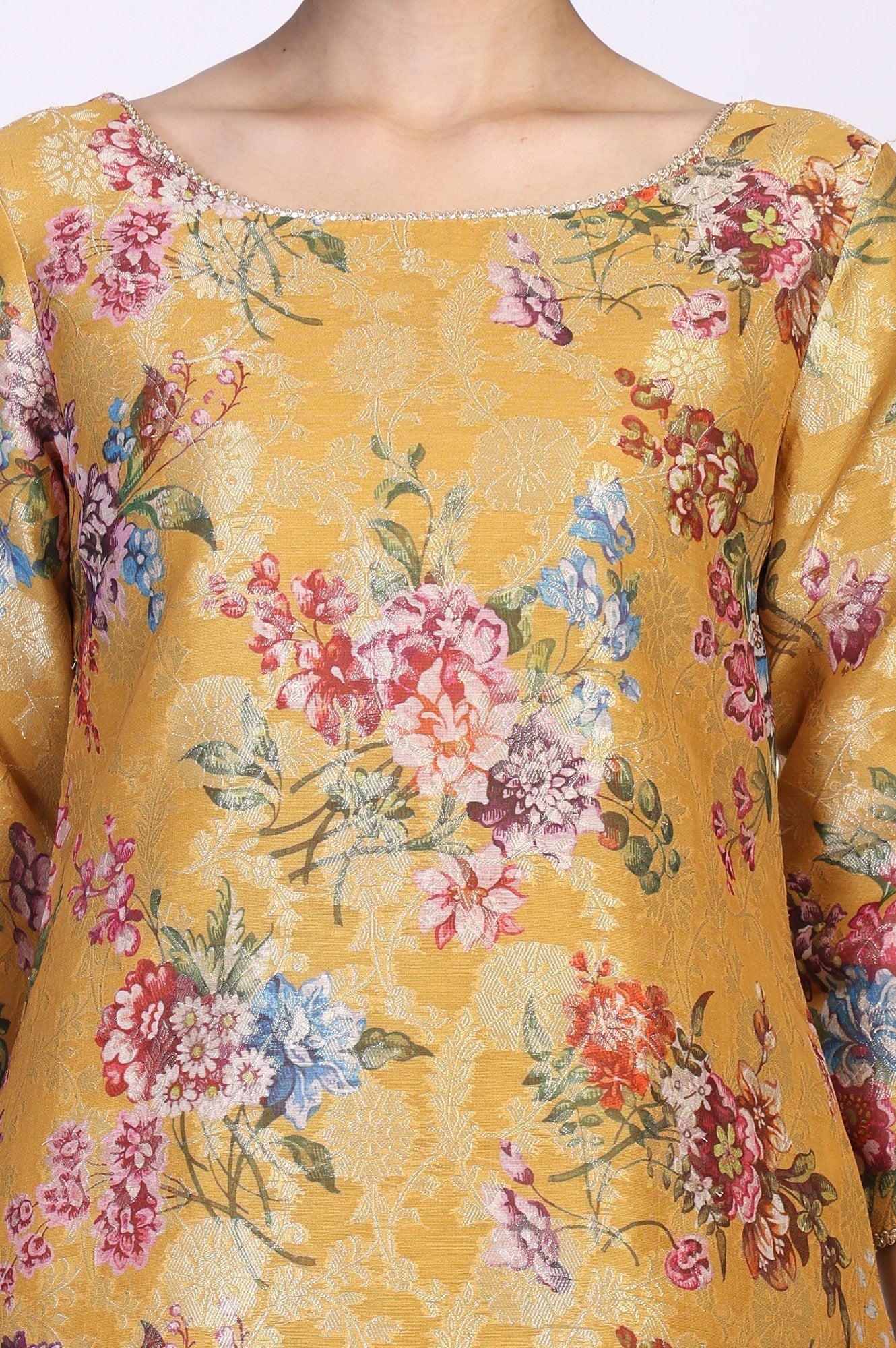 W for Woman Yellow Floral Print Tape Straight Jacquard Kurta