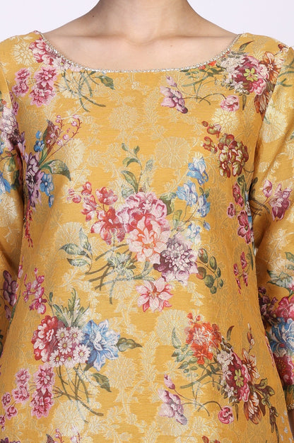 W for Woman Yellow Floral Print Tape Straight Jacquard Kurta
