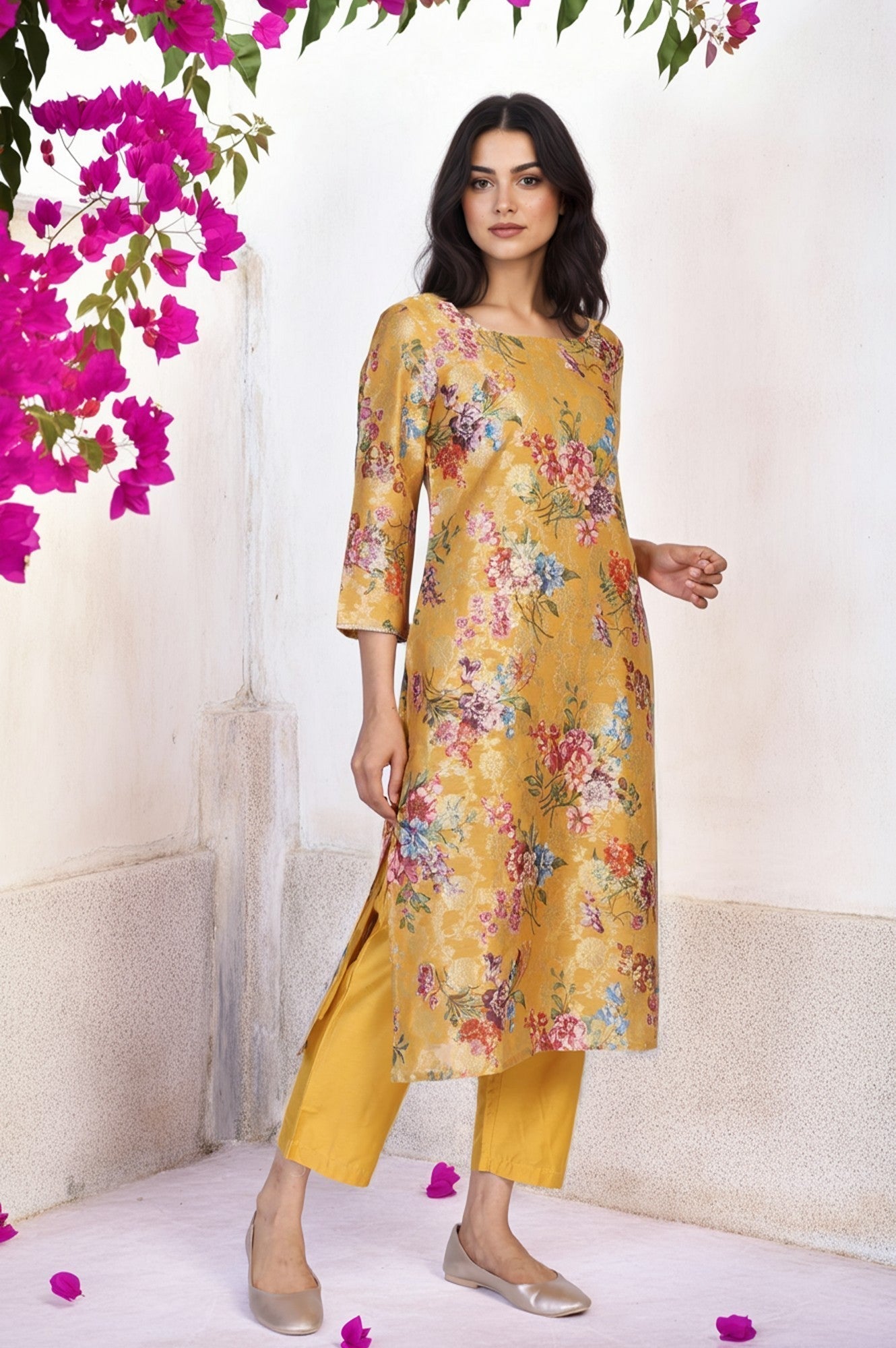 W for Woman Yellow Floral Print Tape Straight Jacquard Kurta