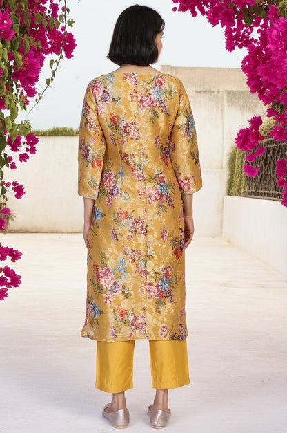 W for Woman Yellow Floral Print Tape Straight Jacquard Kurta