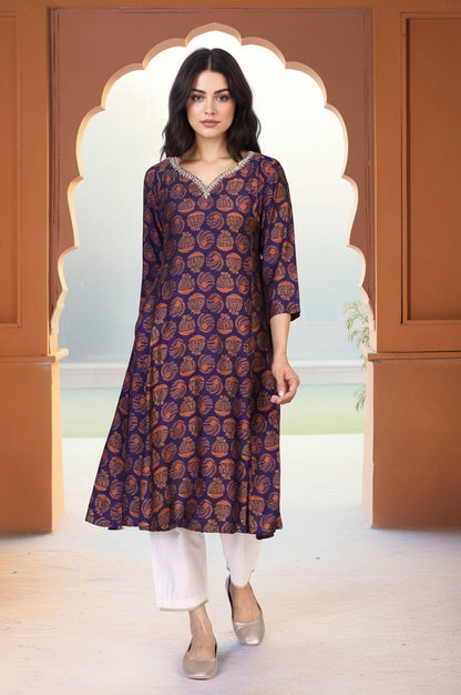 W for Woman Purple Ethnic Motifs Printed Dori Embroidery Flared Crepe Kurta
