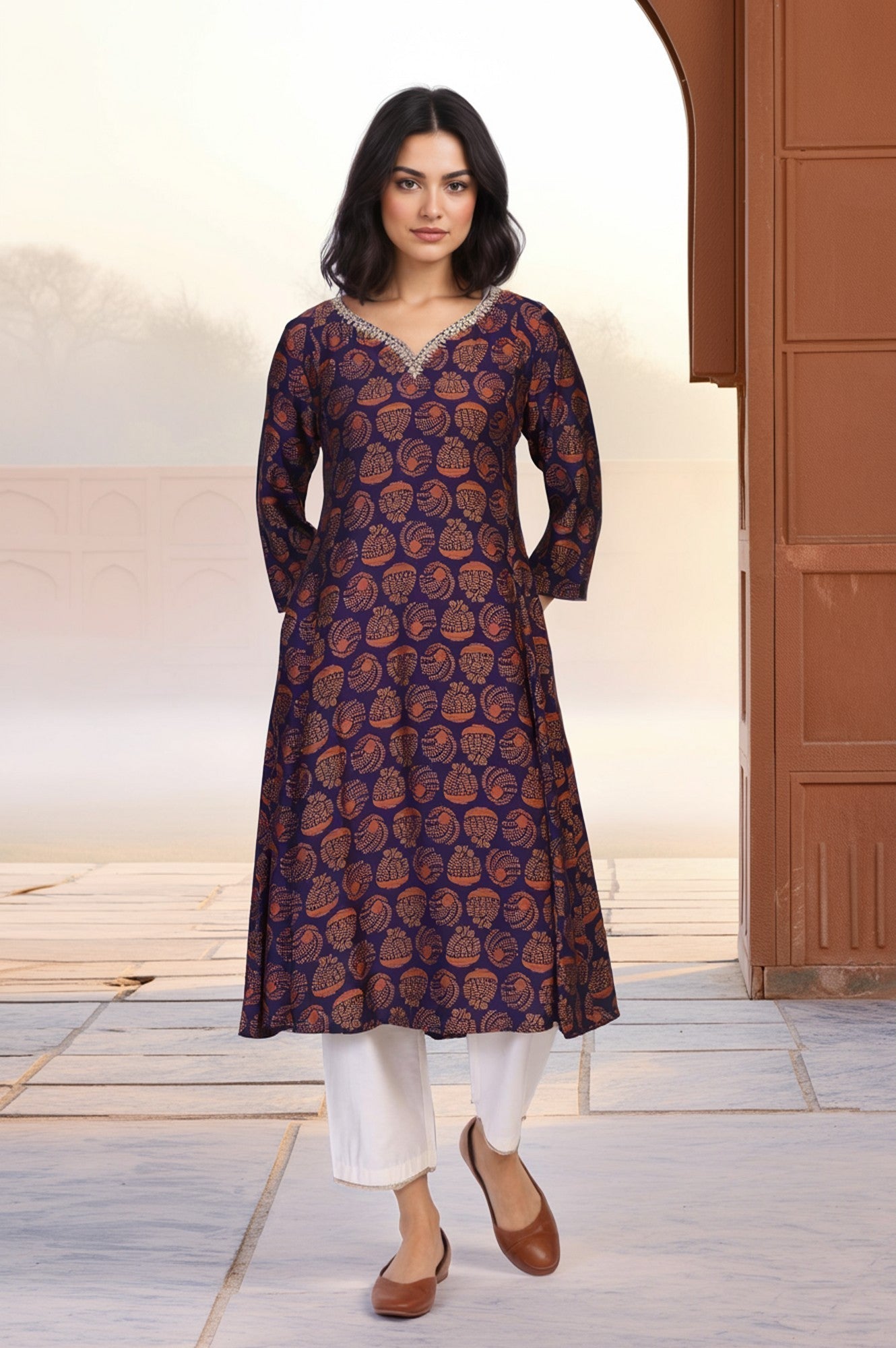 W for Woman Purple Ethnic Motifs Printed Dori Embroidery Flared Crepe Kurta