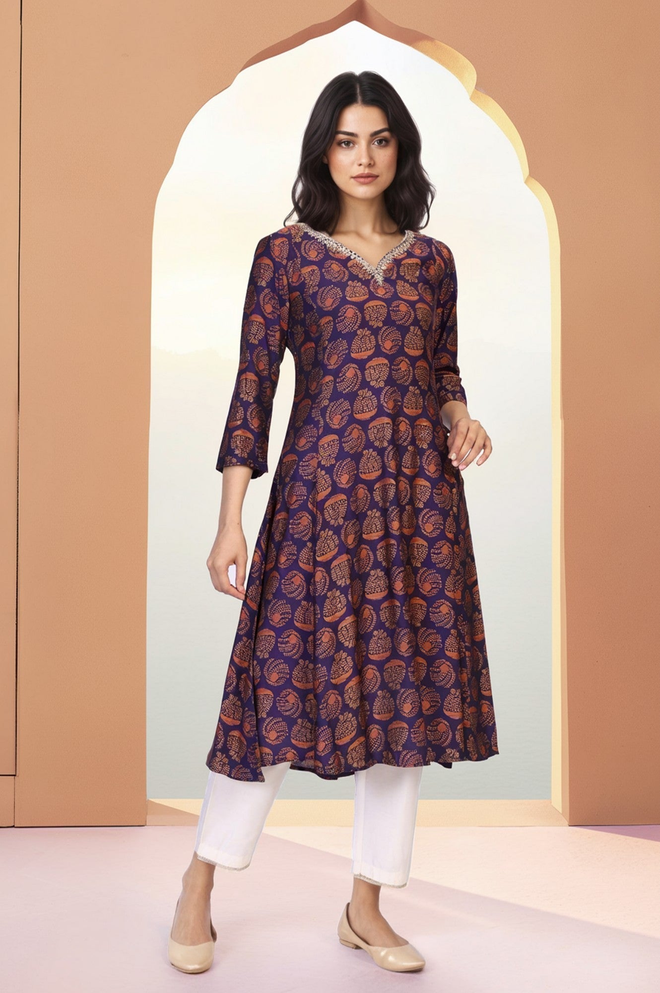 W for Woman Purple Ethnic Motifs Printed Dori Embroidery Flared Crepe Kurta
