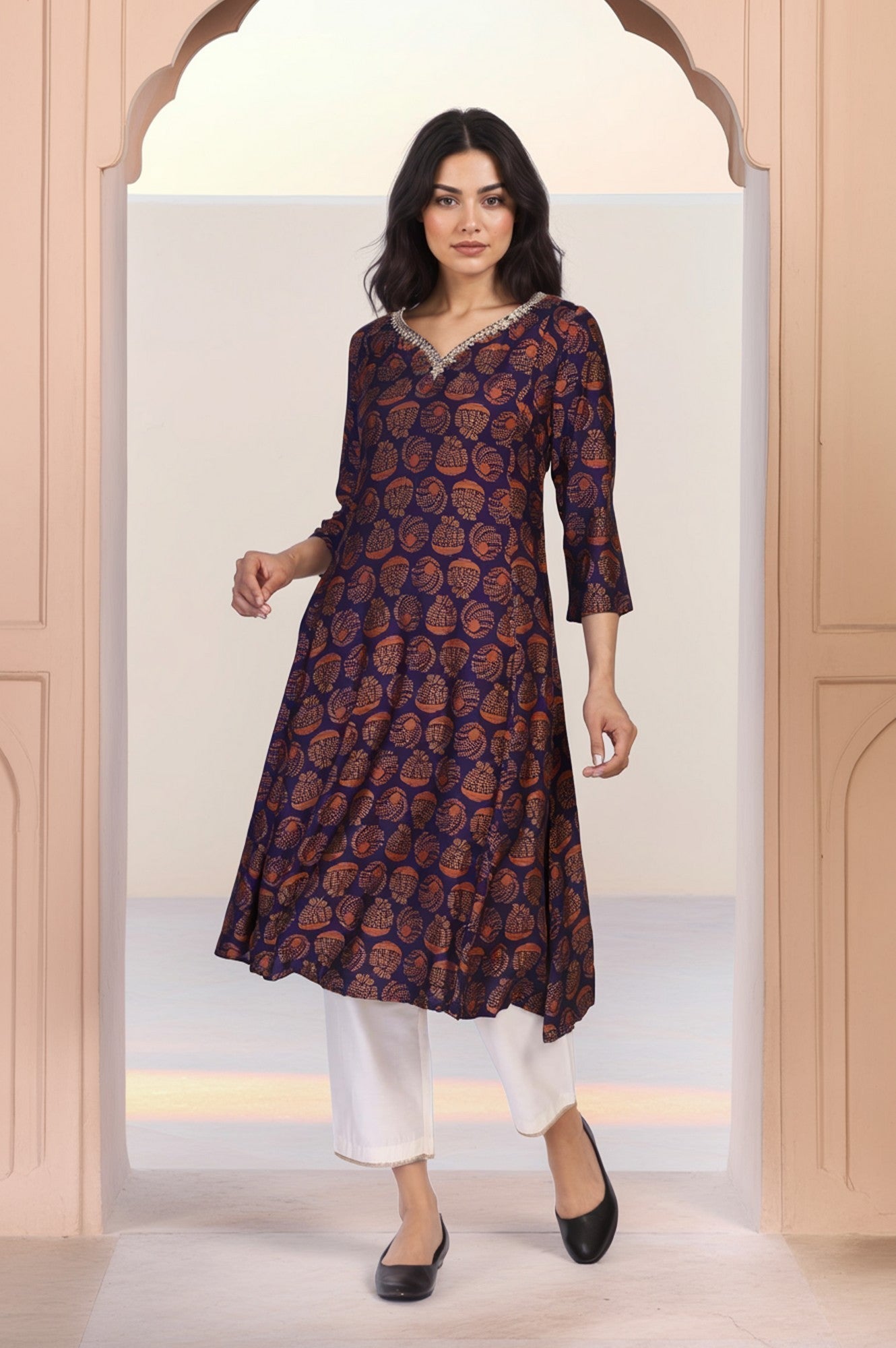 W for Woman Purple Ethnic Motifs Printed Dori Embroidery Flared Crepe Kurta