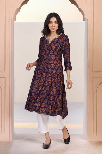 W for Woman Purple Ethnic Motifs Printed Dori Embroidery Flared Crepe Kurta