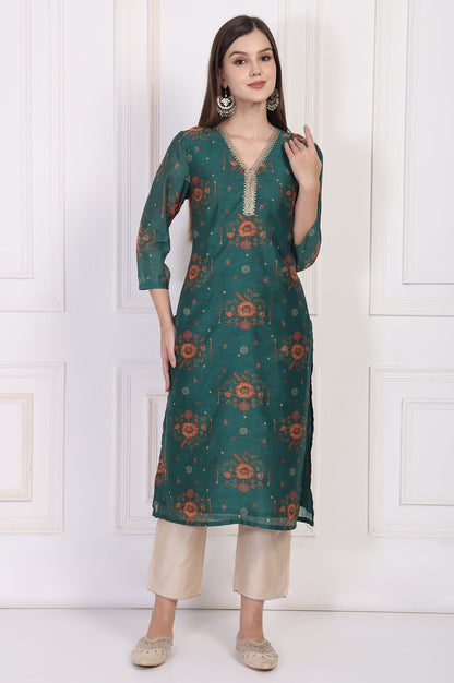 W for Woman Teal Floral Printed Embellished Straight Silk Kurta