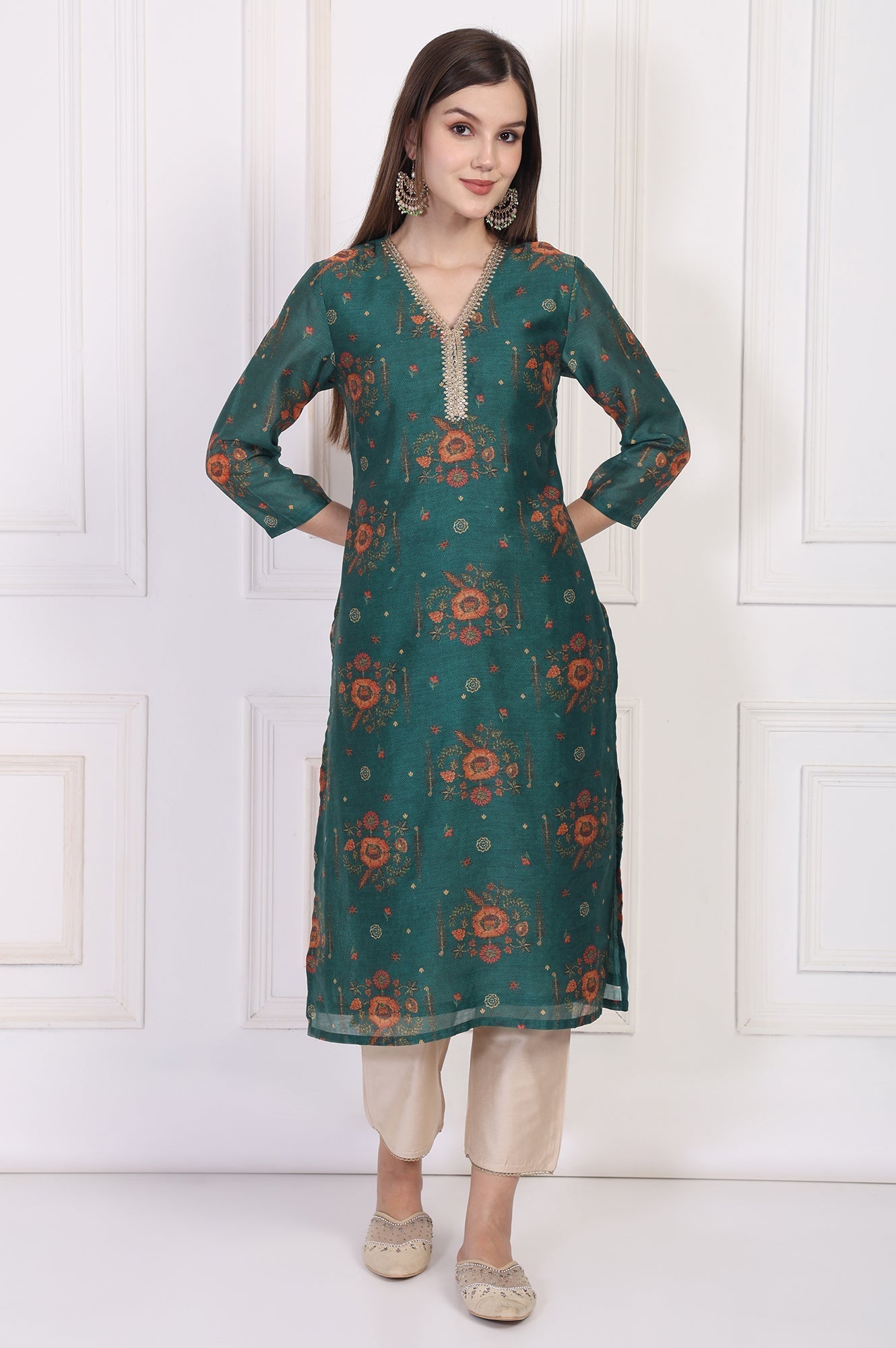 W for Woman Teal Floral Printed Embellished Straight Silk Kurta