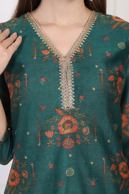 W for Woman Teal Floral Printed Embellished Straight Silk Kurta