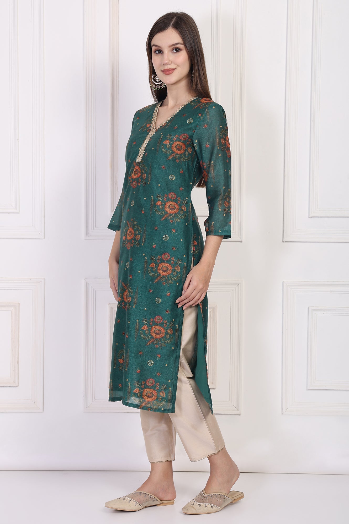 W for Woman Teal Floral Printed Embellished Straight Silk Kurta