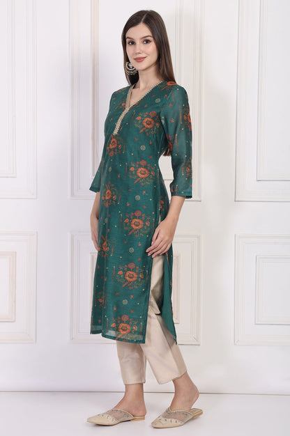 W for Woman Teal Floral Printed Embellished Straight Silk Kurta