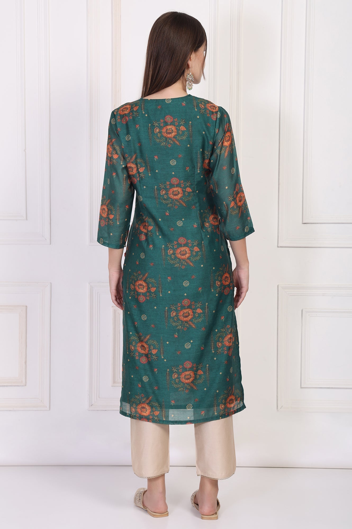 W for Woman Teal Floral Printed Embellished Straight Silk Kurta