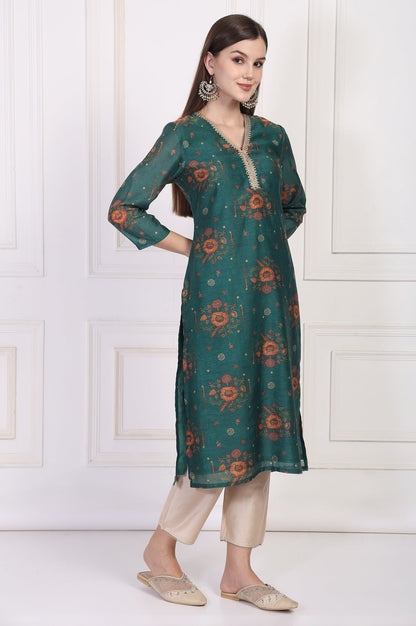 W for Woman Teal Floral Printed Embellished Straight Silk Kurta