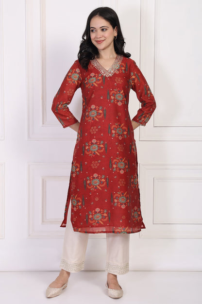 W for Woman Red Floral Printed Sequined Straight Kurta