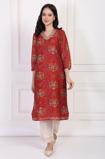 W for Woman Red Floral Printed Sequined Straight Kurta