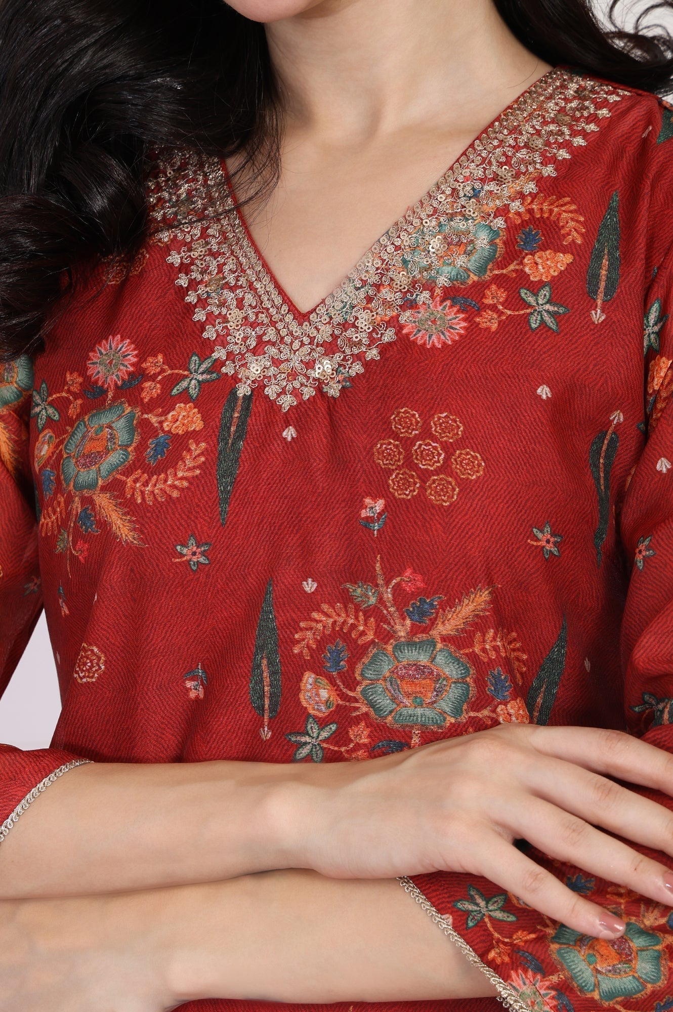 W for Woman Red Floral Printed Sequined Straight Kurta