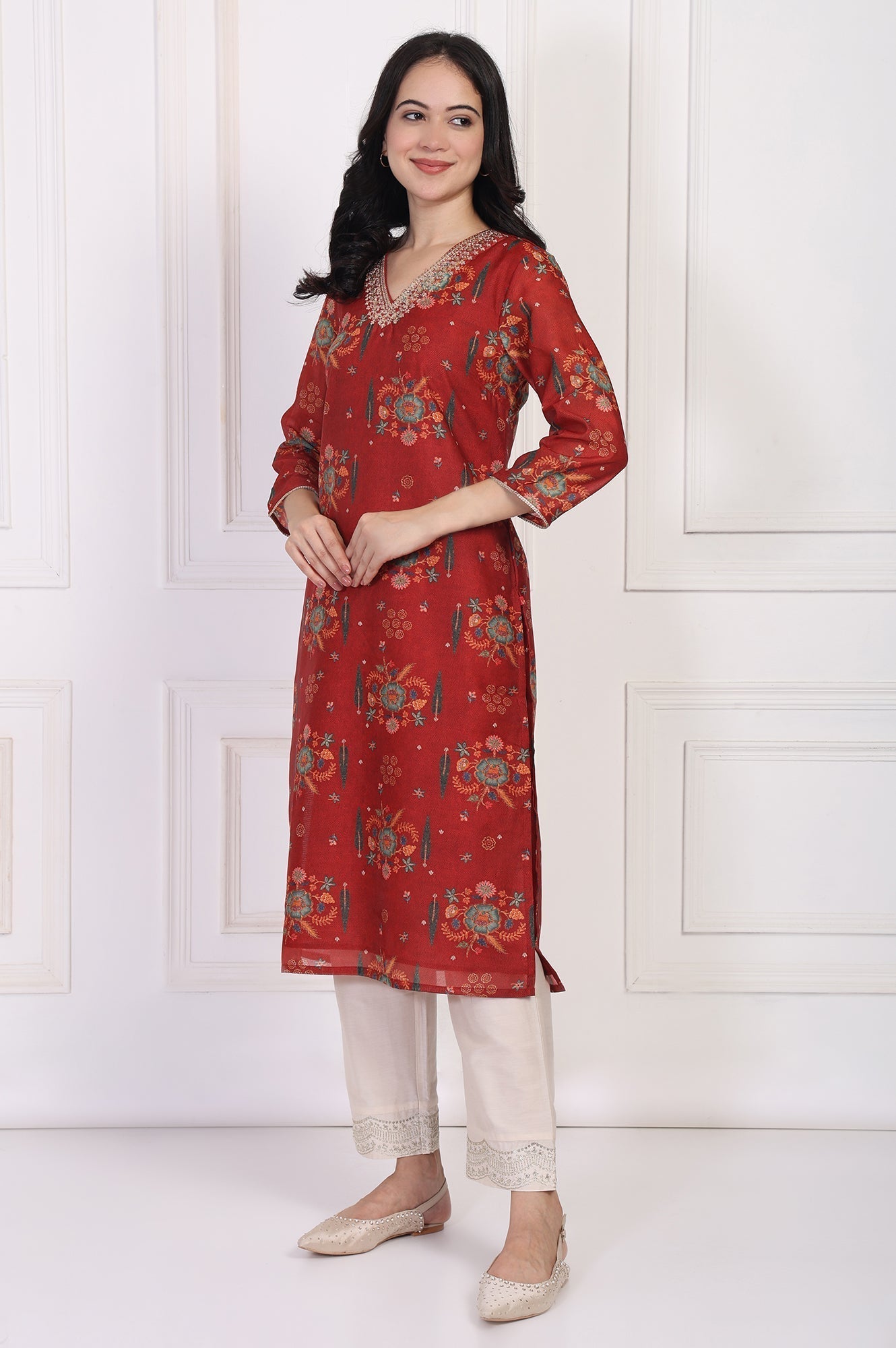 W for Woman Red Floral Printed Sequined Straight Kurta