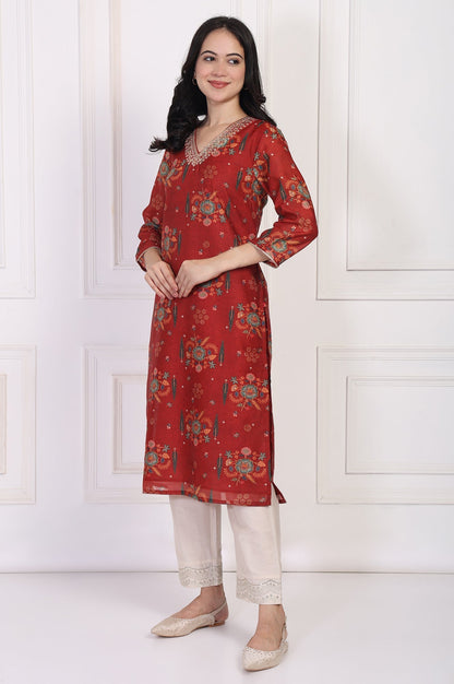 W for Woman Red Floral Printed Sequined Straight Kurta