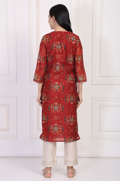 W for Woman Red Floral Printed Sequined Straight Kurta