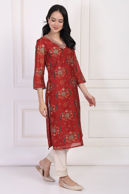 W for Woman Red Floral Printed Sequined Straight Kurta