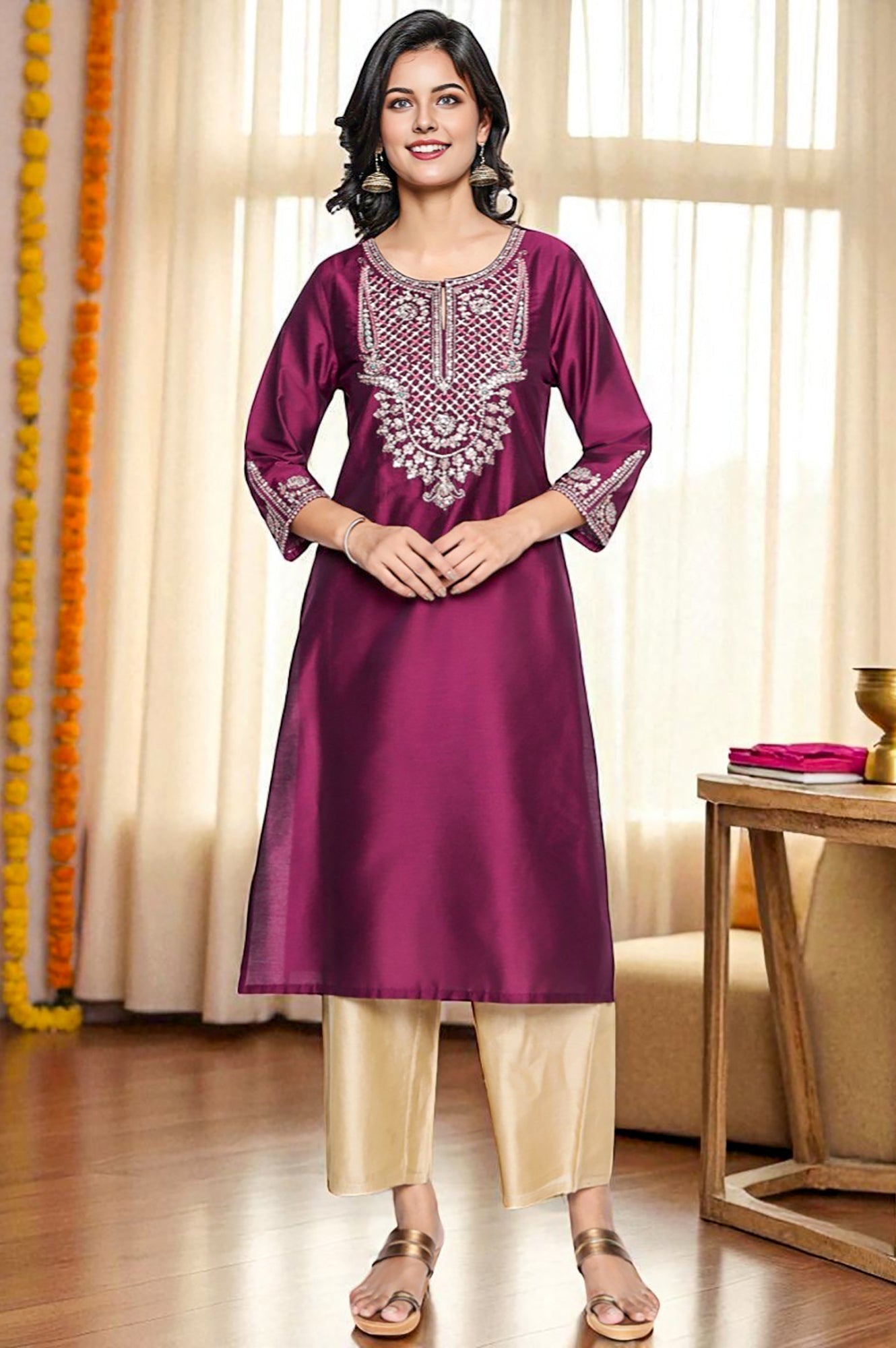 W for Woman Wine Solid Printed Ps Straight Kurta