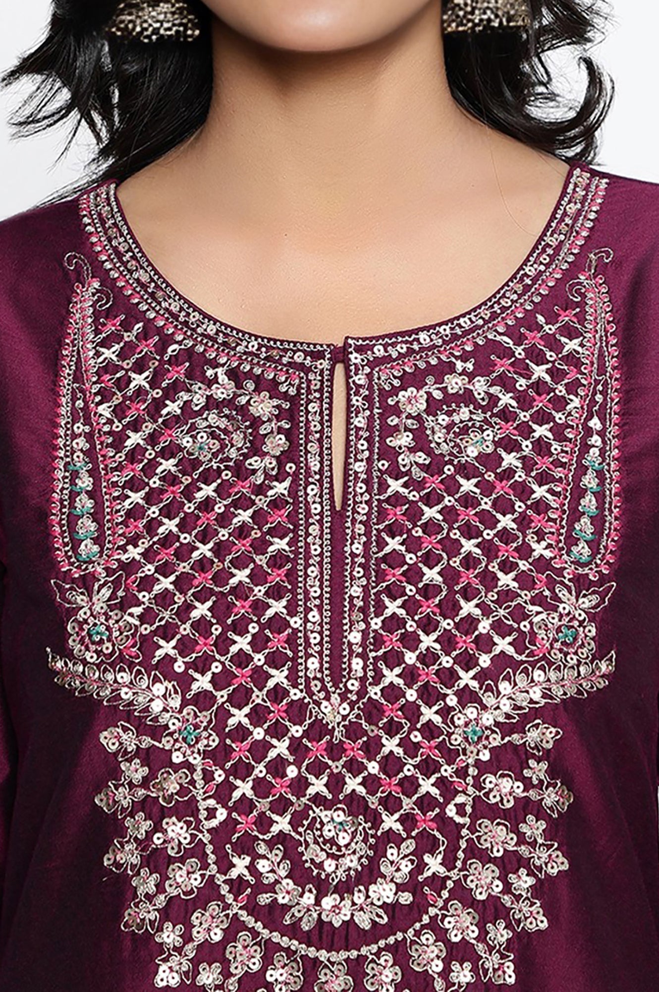 W for Woman Wine Solid Printed Ps Straight Kurta