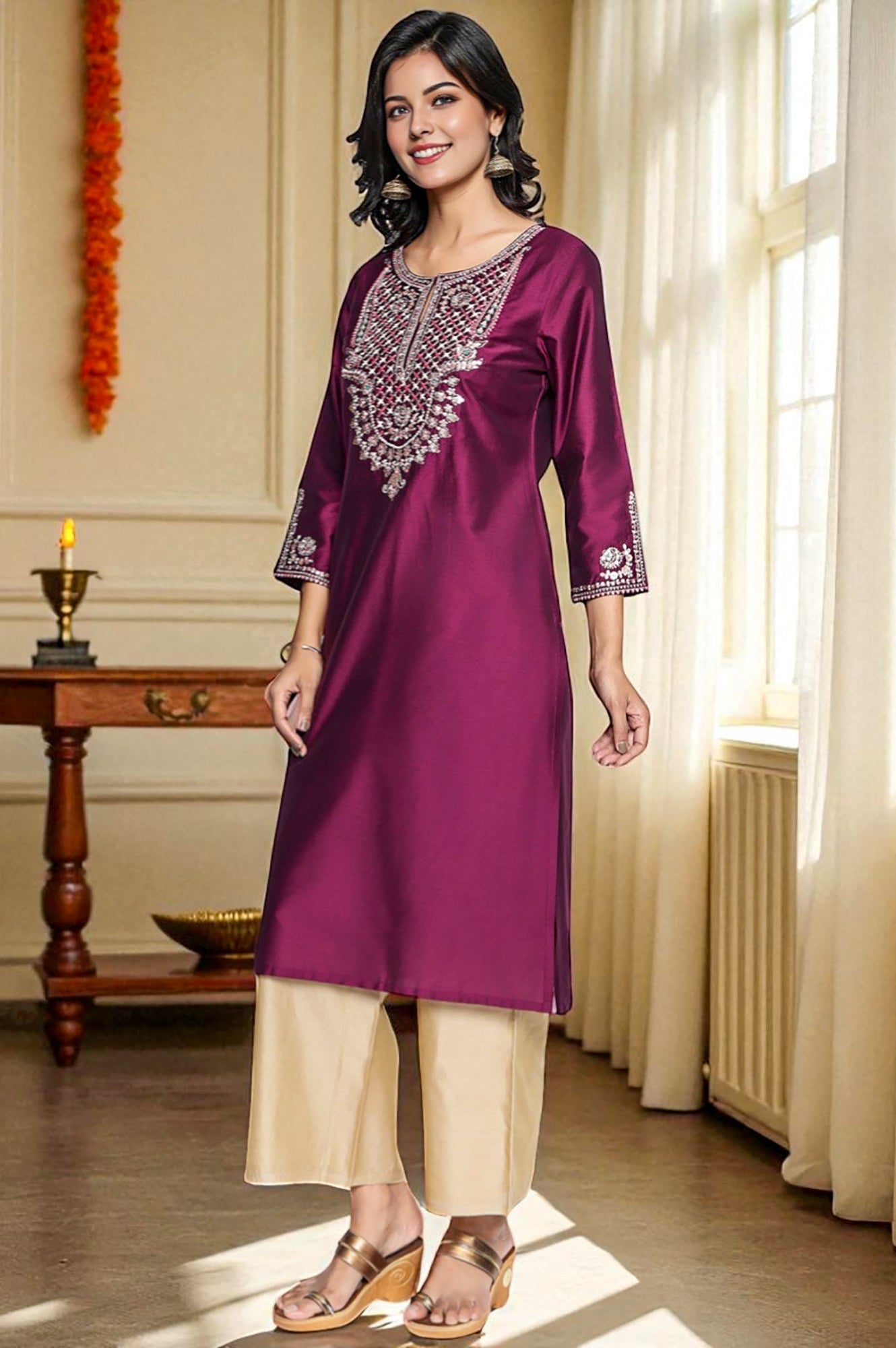 W for Woman Wine Solid Printed Ps Straight Kurta