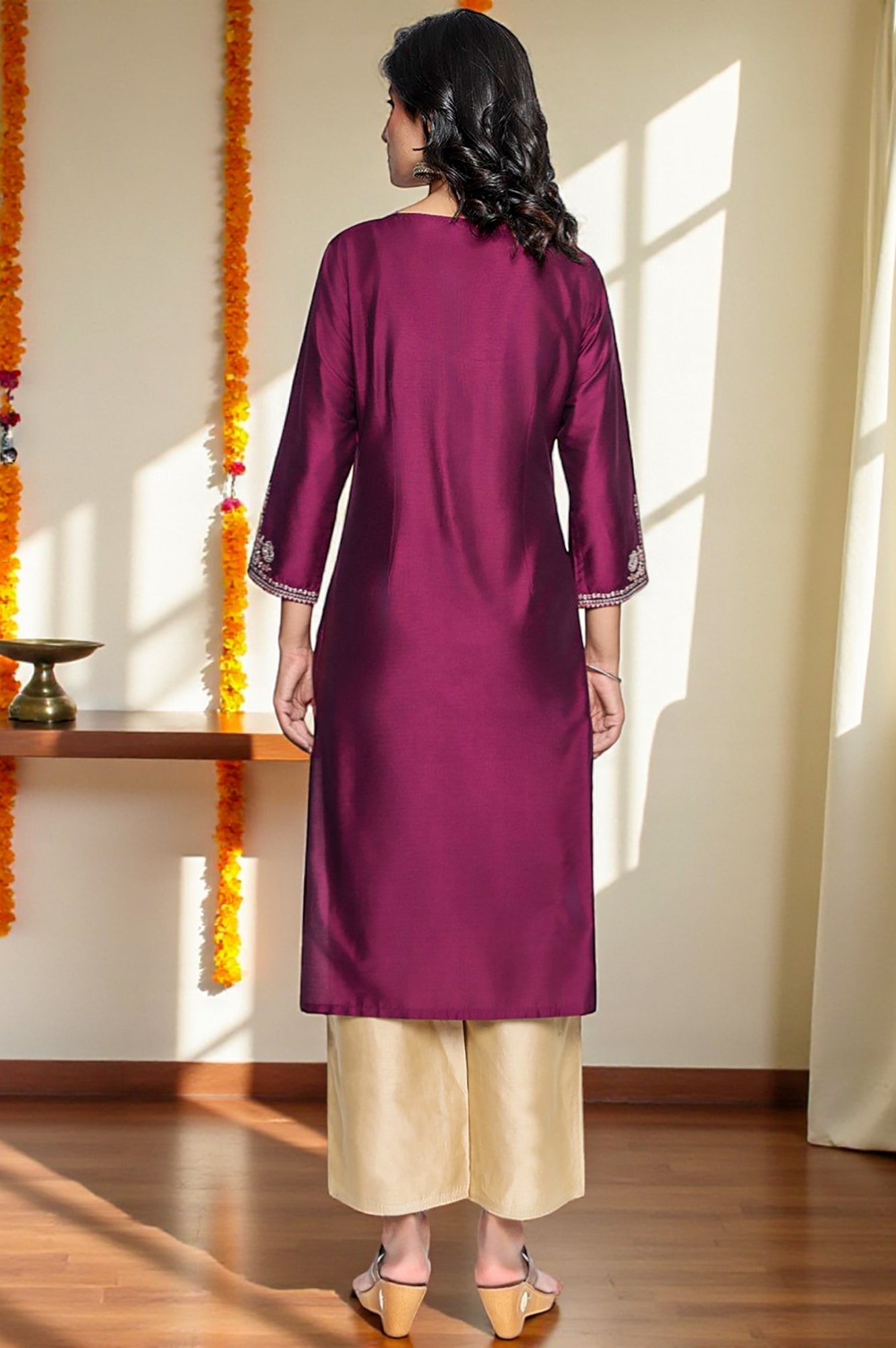 W for Woman Wine Solid Printed Ps Straight Kurta