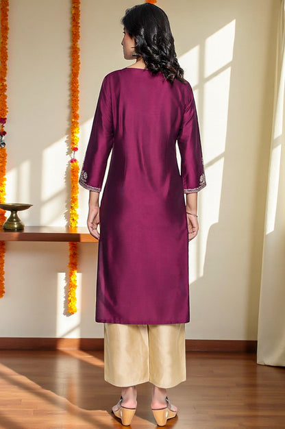 W for Woman Wine Solid Printed Ps Straight Kurta