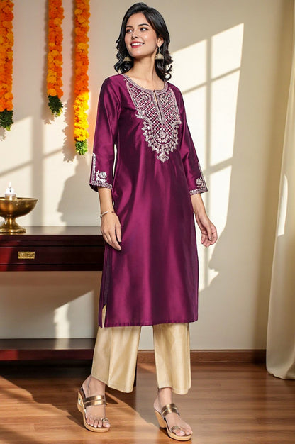W for Woman Wine Solid Printed Ps Straight Kurta