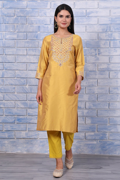 W for Woman Yellow Metallic Embroidered Straight Kurta