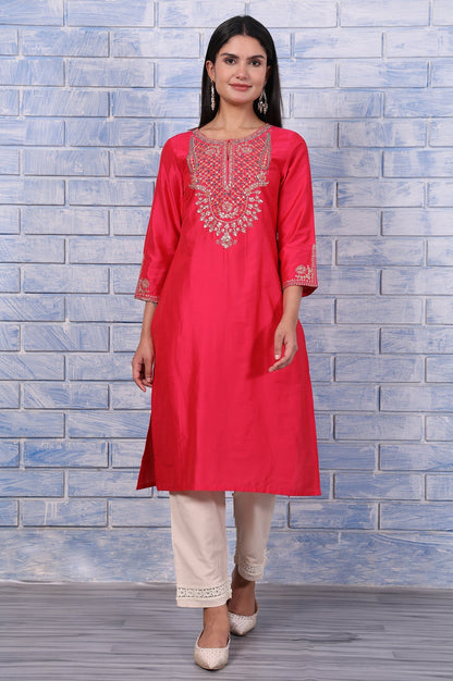 W for Woman Pink Metallic Embroidered Straight Kurta