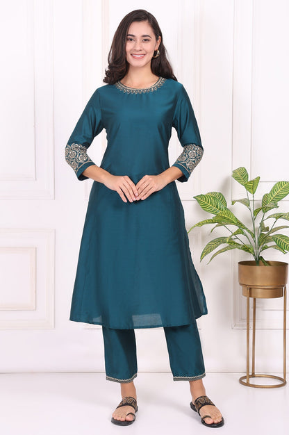 W for Woman Teal Solid Metallic Embroidered Straight Kurta
