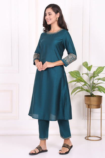 W for Woman Teal Solid Metallic Embroidered Straight Kurta