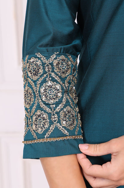 W for Woman Teal Solid Metallic Embroidered Straight Kurta