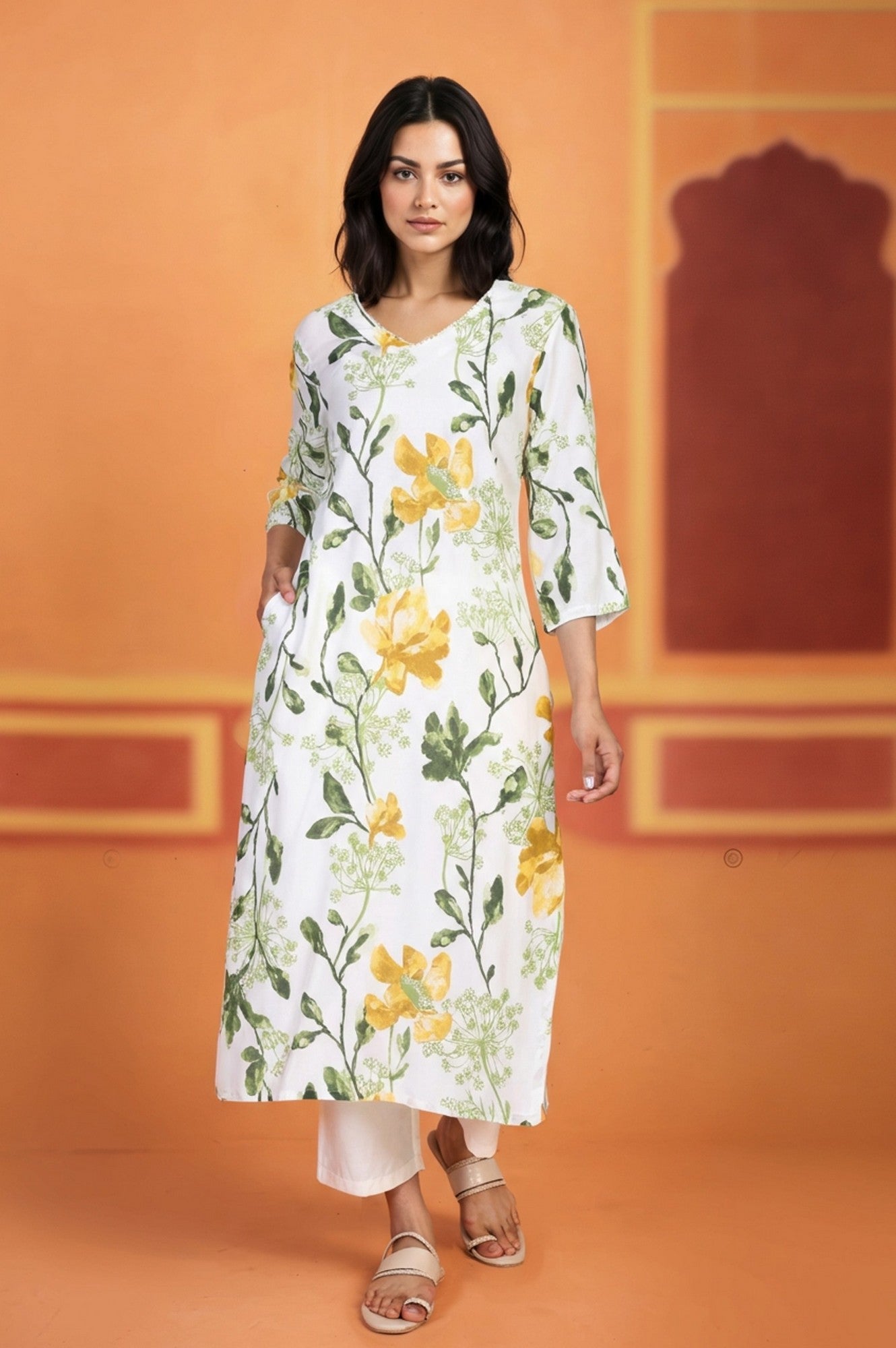 W for Woman White Floral Printed Thread Work Straight Rayon Kurta