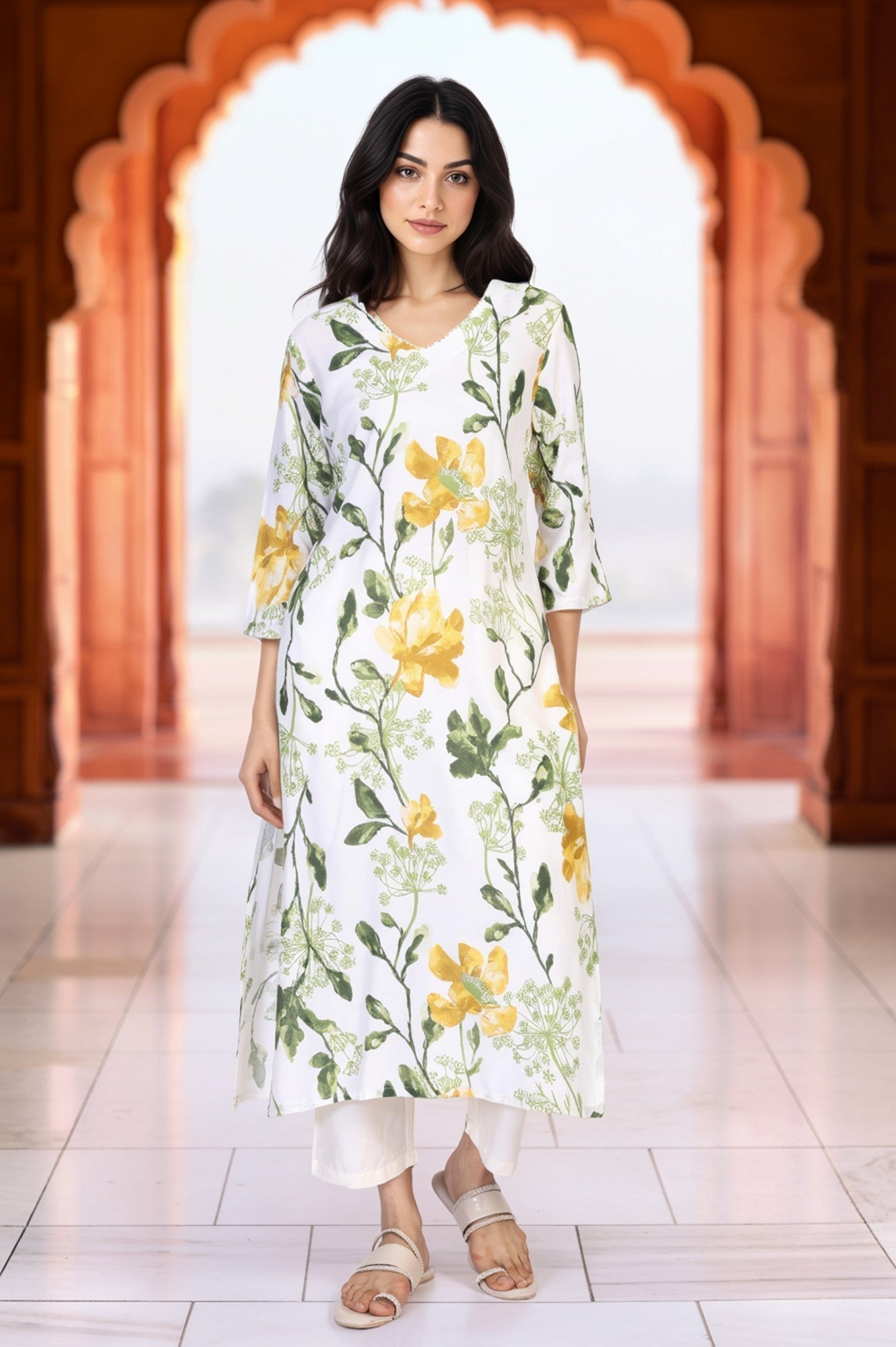 W for Woman White Floral Printed Thread Work Straight Rayon Kurta