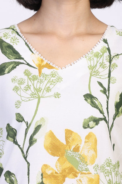 W for Woman White Floral Printed Thread Work Straight Rayon Kurta