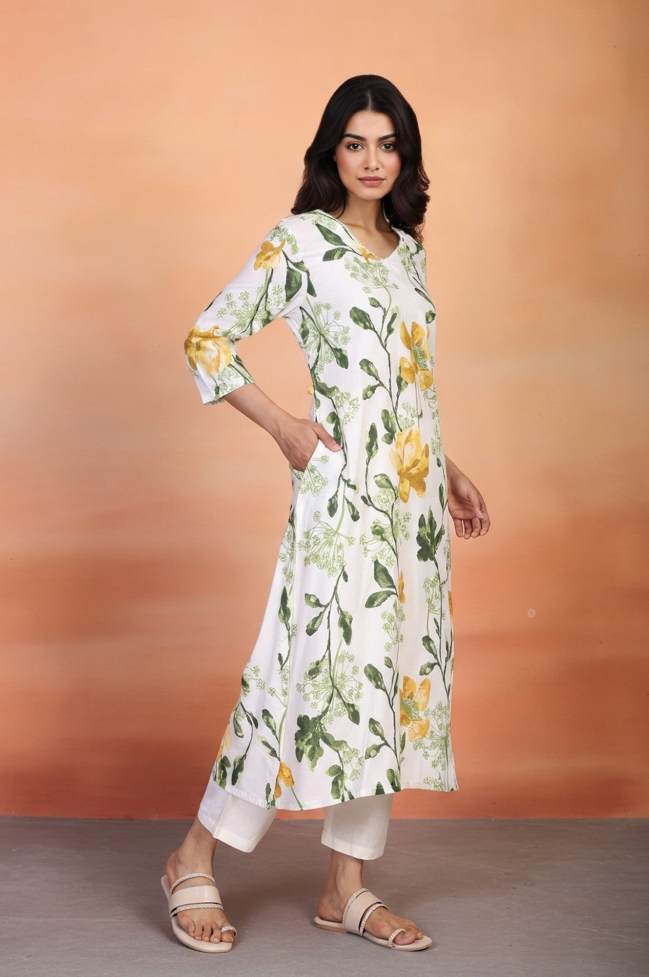 W for Woman White Floral Printed Thread Work Straight Rayon Kurta