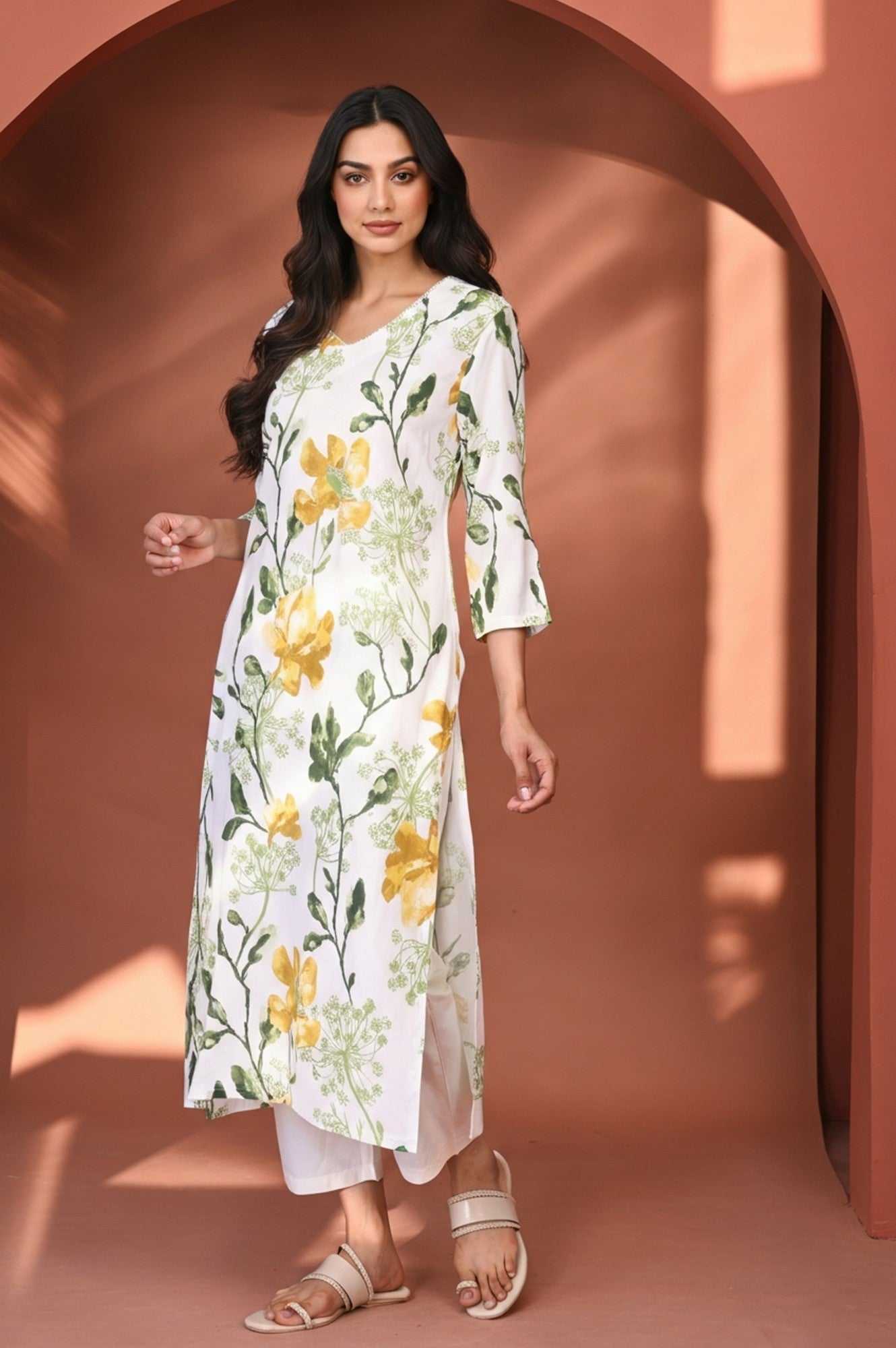 W for Woman White Floral Printed Thread Work Straight Rayon Kurta