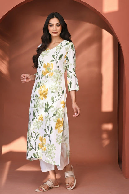 W for Woman White Floral Printed Thread Work Straight Rayon Kurta