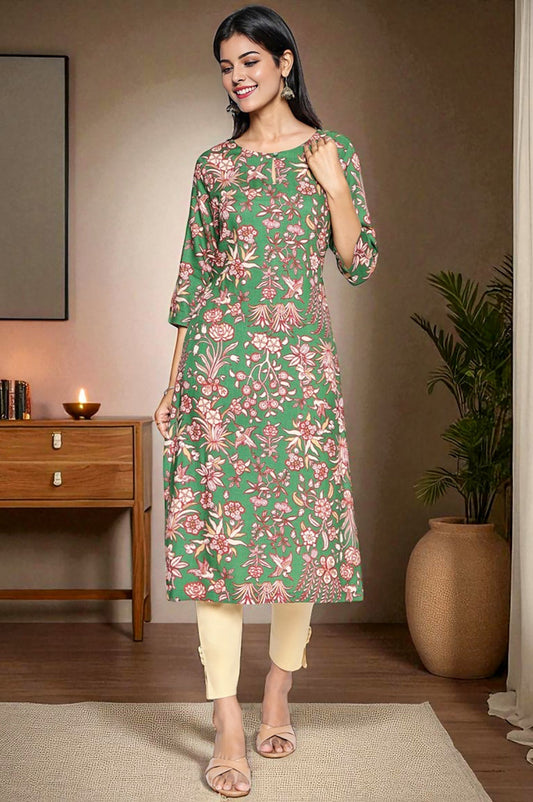 W for Woman Green Botanical Print Thread Work Straight Rayon Kurta